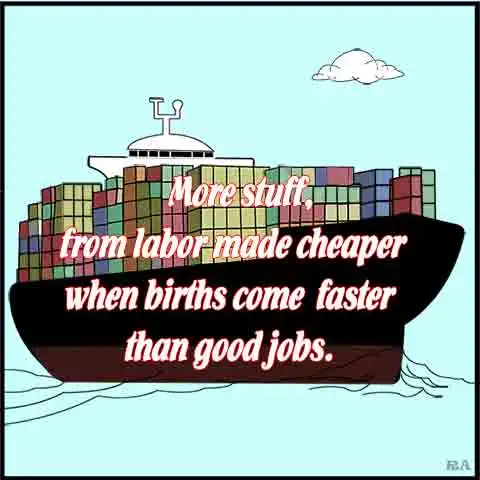 Overpopulation wages: A giant cargo freighter piled high with cargo boxes sales on a blue ocean under blue skies, bearing this message. "More stuff, from labor made cheaper whenever births come faster than good jobs."