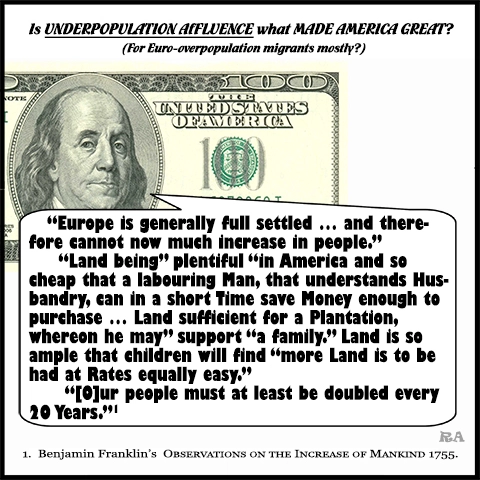 This vision-building plate asks, “Did underpopulation affluence Make America Great (for Euro-overpopulation migrants mostly)?” Ben Franklin speaks from his image on a $100 bill, explaining how underpopulation (after natives died of diseases and violence) translated into great riches for early immigrants. Ben speaks these words from his 1755 essay called, Observations on the Increase of Mankind. “Europe is generally full settled … and therefore cannot now much increase in people.” “Land being” plentiful “in America and so cheap that a labouring Man, that understands Husbandry, can in a short Time save Money enough to purchase … Land sufficient for a Plantation, whereon he may” support “a family.” Land is so ample that children will find “more Land is to be had at Rates equally easy.” So “[O]ur people must at least be doubled every 20 Years.” “What an accession of Power to the British Empire…”