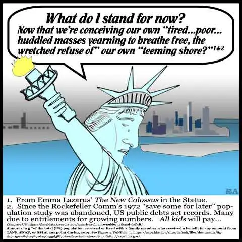 Lady Liberty laments in NY Harbor, her head dropped tearfully and her torch falling behind her. She asks, "What do I stand for now? Now that we're conceiving our own "tired...poor...huddled masses yearning to breathe free, the wretched refuse of" our own "teeming shore?"
