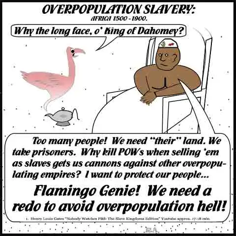 Overpopulation excess: Flamingo Genie from an ancient lamp asks the King of Dahomey, “Why the long face?” The king responds, “Too many people! We need “their” land. We take prisoners. Why kill POWs when selling ‘em as slaves gets us cannons against other overpopulating empires? I want to protect our people… FLAMINGO GENIE! WE NEED A REDO TO AVOID OVERPOPULATION HELL!”